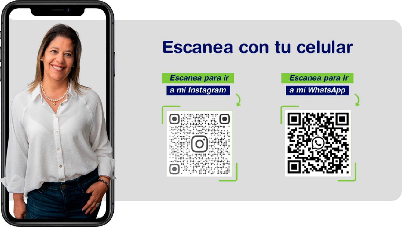 Noris Méndez, escaneá código QR para ir a Instagram o WhatsApp.