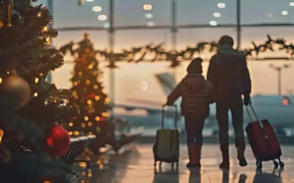 Una familia con equipaje espera en el aeropuerto, anticipando con entusiasmo su próximo viaje en Navidad