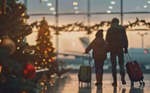 Una familia con equipaje espera en el aeropuerto, anticipando con entusiasmo su próximo viaje en Navidad